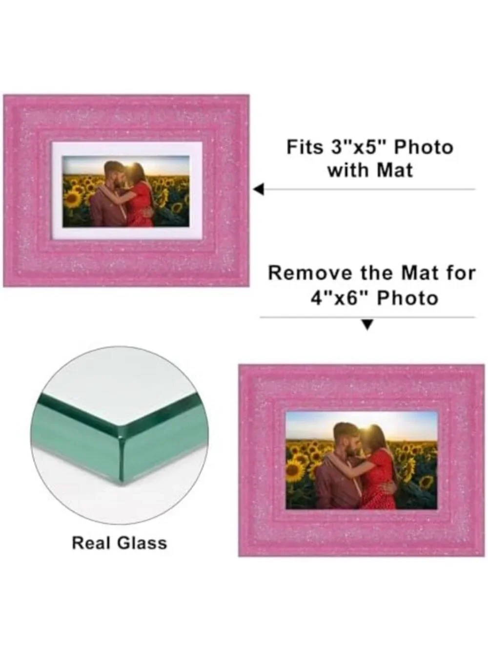 Glitter 4x6 Picture Frames with Mat for 3x5 Photos, HD Glass, Colorful Pink